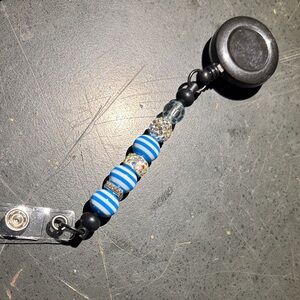 Blue Striped Beaded Retractable Badge Reel